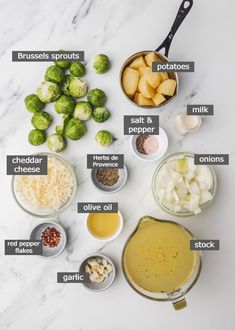 the ingredients for brussel sprouts are displayed on a marble counter top