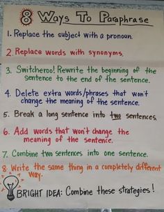 a sign with writing on it that says 8 ways to paraphrase