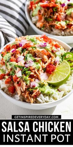 two bowls filled with salsa chicken instant pot meal on top of a striped table cloth