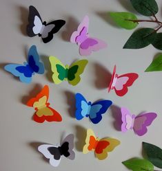 a group of colorful butterflies on a white surface with green leaves in the foreground