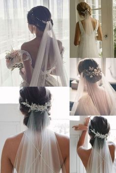 four pictures of the back of a bride's wedding dress, with veils and flowers in her hair