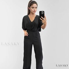 Lasaky - Pure Color High-Waisted Straight Leg Jumpsuit Solid Color Jumpsuits, Pure Color, Olivia Mark, Three Quarter Sleeves, High Waisted Pants, Three Quarter, Pant Jumpsuit, Shirt Style, Jumpsuit Romper