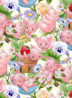 pigs with flowers and strawberries on a blue background