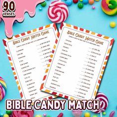 the bible candy match game is on display with candies and lollipops