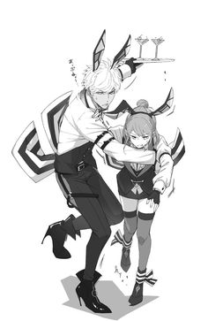 two anime characters in black and white, one is holding the other's arm