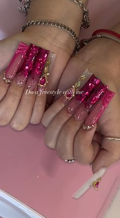 Hot Pink With Gold Nails, Fuschia And Gold Nails, Pink Baddie Nail Ideas, Dark Pink Acrylics, Pink Gem Nails Rhinestones, Nicki Minaj Inspired Nails, Dark Pink Nails Ideas, Barbie Nails Ideas, Red And Pink Acrylic Nails