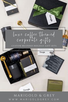 an assortment of corporate gifts on a table with the title text overlay reads live effet themed corporate gifts custom branded holiday gift sets