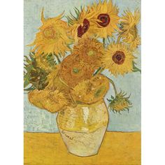 a painting of sunflowers in a vase on a table