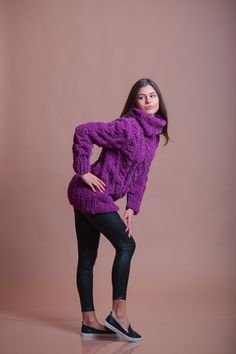 Turtleneck Jumper, Velvet Sweater, Purple Details, Turtle Neck Jumper, Wool Jumper, Purple Sweater, Oversized Pullover, Pullover Sweater Women, Sweater Sleeves