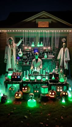 an outdoor display with halloween decorations and lights