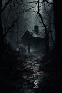 a creepy house in the middle of a dark forest