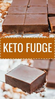 chocolate fudge with the words keto fudge above it and overlaying