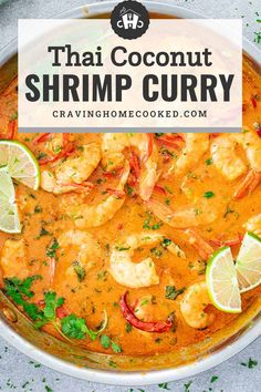 thai coconut shrimp curry in a bowl with limes and cilantro