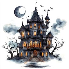 a drawing of a creepy house with bats flying around