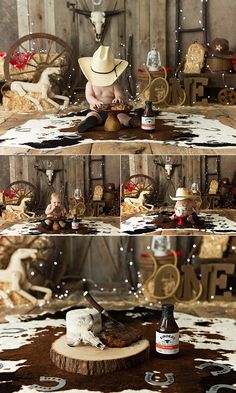 three different shots of an old western scene with toys and other items on the table