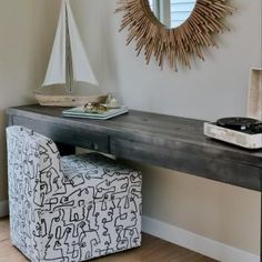 a desk with a mirror and chair in a room