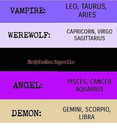 four different types of zodiac signs are shown in purple, black and pink colors with the names of each zodiac sign