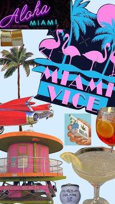 the miami vice poster has pink flamingos and palm trees on it's side