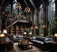 a living room filled with lots of furniture and tall windows covered in bookshelves