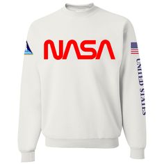 NASA Red Worm Logo Shuttle Patch Crewneck Sweater - Front White Crewneck Sweatshirt, Sweatshirt White, Space Shuttle, Logo Black, Workout Sweatshirt, White Sweatshirt, Nasa, Custom Shirts, Crewneck Sweatshirt