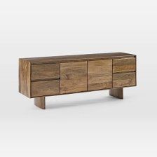 the sideboard is made out of wood and has four drawers, one with two open doors