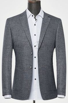 Slim, polished, and versatile enough for just about any occasion. A male wardrobe essential, this textured Gray Blazer is best for a casual appearance. Gray Single Breasted Suit For Office, Gray Business Casual Blazer In Suiting Fabric, Gray Single-breasted Suit For Office, Fitted Gray Tweed Jacket For Business Casual, Gray Wool Blazer For Semi-formal Occasions, Gray Single Breasted Blazer With Suit Collar, Gray Single Breasted Blazer With Notch Lapel, Gray Single-breasted Blazer For Business Casual, Gray Single-breasted Blazer With Suit Collar