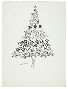 a black and white drawing of a christmas tree with star of david written on it