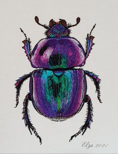 a drawing of a purple beetle on a white background