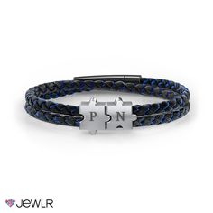 This men’s bracelet features two interconnecting puzzle pieces for a sentimental touch. Our braided genuine leather & blue silk double wrap bracelet in sterling silver is available in three sizes and is secured with a stainless steel snap lock clasp for just the right fit. Personalize with engraved initials on each puzzle piece for the complete look! Homemade Bracelets, Diy Leather Bracelet, S Bracelet, Engraved Initials, Snap Lock, Double Wrap Bracelet, Mens Bracelet Silver, Puzzle Piece, Mens Leather Bracelet