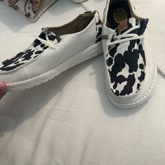 I’m Selling My Cow Print Hey Dudes, Never Worn Cow Print Hey Dudes, Cow Print Shoes, Hey Dude Shoes Women, Brown Cow Print, Slide On Sneakers, White Canvas Shoes, Hey Dude Shoes, Brown Cow, Hey Dudes