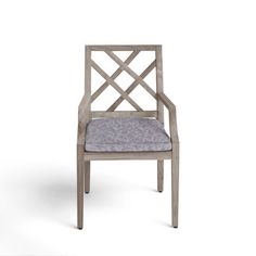 a wooden chair with a gray upholstered back and seat cushion on an isolated white background