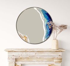 a mirror sitting on top of a mantle next to a fire place