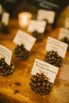 small pine cones are sitting on top of a wooden table with cards attached to them