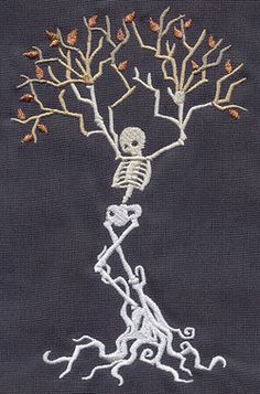 a skeleton is standing in front of a tree