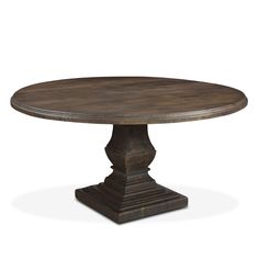 a round wooden table with pedestals on the top and base, against a white background