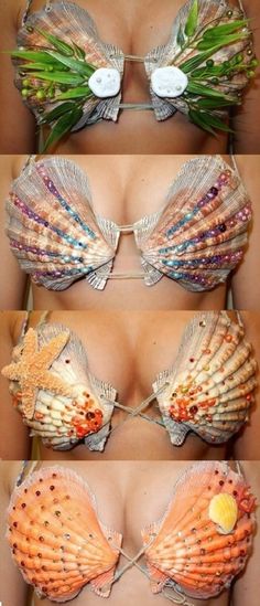 three pictures of different types of bras with flowers on them and the bottom one is made out of seashells