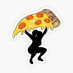 a woman holding up a slice of pizza with cheese and pepperoni on it sticker