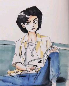 a drawing of a person sitting on a couch with a book in their lap and looking at the camera