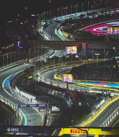 an aerial view of a freeway at night