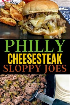 phily cheesesteak sloppy joes recipe is shown in this collage with text overlay