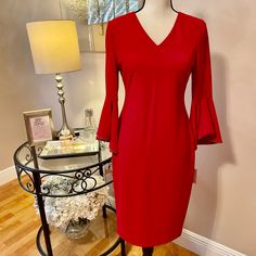 Stunning Calvin Klein Dress Bell Sleeves With Bronze/Gold Accents. Concealed Back Zip Closure. Never Worn, Tags Still On Aquamarine Dress, Red Bell Sleeve Dress, Bell Sleeves Dress, Dress Bell Sleeves, Calvin Klein Black Dress, Red Dress Long, Red Long Sleeve Dress, Calvin Klein Red, Womens Shift Dresses