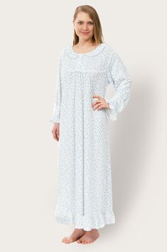 "This ultra-soft knit nightgown is accented with ruffles, a faux button closure, and gathers, so you can sleep in comfort and style. Featuring two different prints, two long sleeved styles, and one short sleeved style, these are perfect to wear year round. Get them embroidered for a gift or treat yourself! * NO-HEADACHE SIZES - Choose between three easy sizes: 🌺 S/M fits women's sizes 2 to 12 🌺 L/XL fits women's sizes 14 to 18 🌺 XXL fits women's sizes 20-22 * FLATTERING LENGTH - 47\" in lengt Long Sleeve Ruffled Nightgown, Fitted Ruffle Nightgown For Bedtime, Long Sleeve Ruffled Nightgown For Loungewear, Ruffled Long Sleeve Sleepwear, Long Sleeve Ruffled Sleepwear, Fitted Ruffled Nightgown For Sleep, Fitted Long Sleeve Nightgown For Sleep, Fitted Long Sleeve Nightgown, Fitted White Nightgown For Hospital