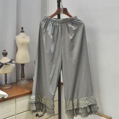 Material: Cotton One size: Length - 87cm/ Waist 56-104cm/Hips - 122cm Baggy Gray Pants For Spring, Gray Baggy Pants For Spring, Gray Pants With Elastic Waistband For Spring, Spring Gray Bottoms, Goblincore Dress, Cottagecore Pants, Cottagecore Skirts, Pants With Lace, Dresses Cottagecore