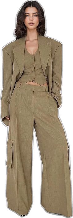 Fall Workwear Sets With Wide-leg Pants, Fall Workwear Sets With Pockets, Spring Business Sets With Pockets, Business Sets With Pockets For Spring, Beige Office Suits With Pockets, Workwear Sets With Pockets And Lapel Collar, Tailored Office Wear Set With Pockets, Fall Office Wear Sets With Pockets, Beige Single Breasted Suit Set For Work