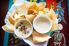 some chips and dips are on a plate