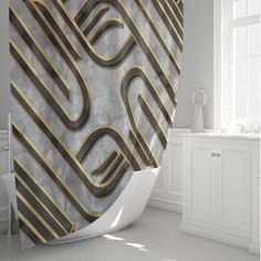 a bathroom with a large shower curtain in the shape of an abstract design on it