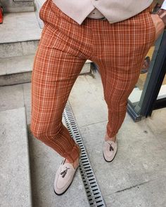 Lumas Bellingham Orange Slim Fit Pants-baagr.myshopify.com-Pants-BOJONI Mens Business Casual Outfits, Check Pants, Orange Pants, Dope Outfits For Guys, Mens Fashion Classic, Seersucker Pants, Mens Fashion Casual Outfits, Stylish Mens Outfits, Business Casual Men