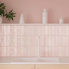 a white sink sitting under a window next to a potted plant on top of a counter