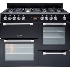 a black stove top oven with two burners and one door open on an isolated white background