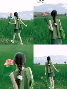 a girl in a green dress holding a pink flower and looking at the grass with her hands